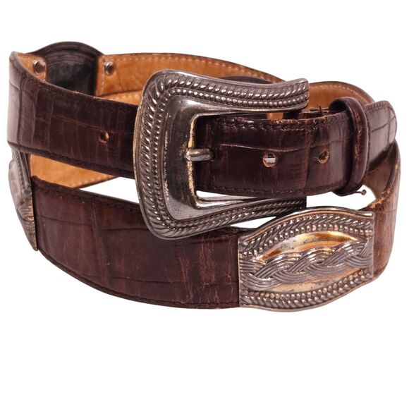 Womens Fossil Brown Croc embossed Leather Concho Belt BT2069 Sz Large western - Picture 1 of 10
